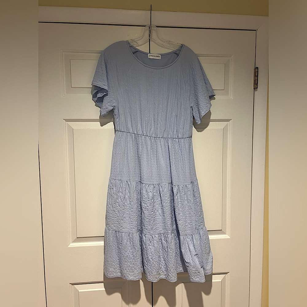 Blue Cotton Midi Dress with Short Flutter Sleeves